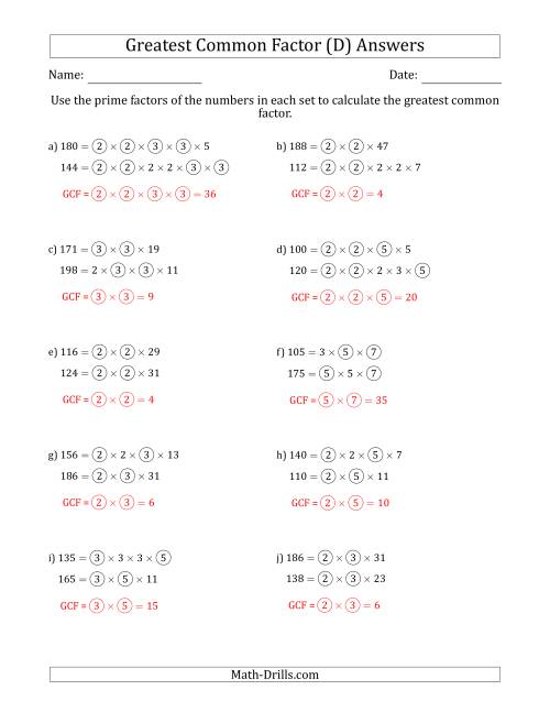 The Calculating Greatest Common Factors of Sets of Two Numbers from 100 to 200 Using Prime Factors (D) Math Worksheet Page 2