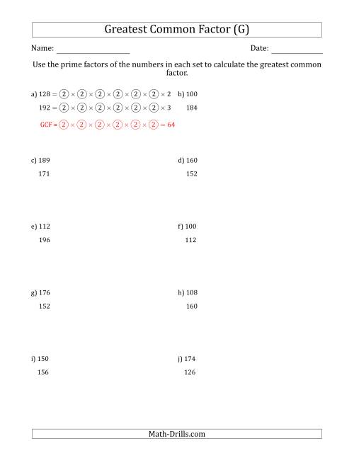 The Calculating Greatest Common Factors of Sets of Two Numbers from 100 to 200 Using Prime Factors (G) Math Worksheet