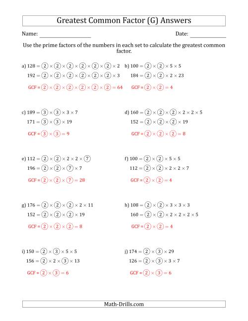 The Calculating Greatest Common Factors of Sets of Two Numbers from 100 to 200 Using Prime Factors (G) Math Worksheet Page 2