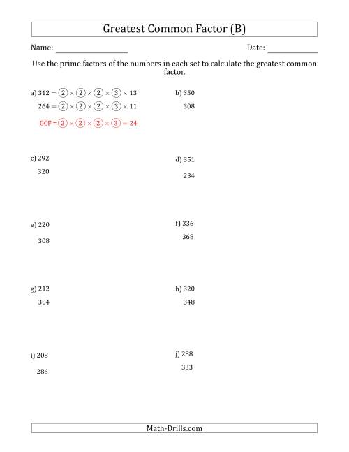 The Calculating Greatest Common Factors of Sets of Two Numbers from 200 to 400 Using Prime Factors (B) Math Worksheet