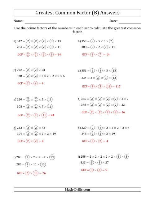 The Calculating Greatest Common Factors of Sets of Two Numbers from 200 to 400 Using Prime Factors (B) Math Worksheet Page 2