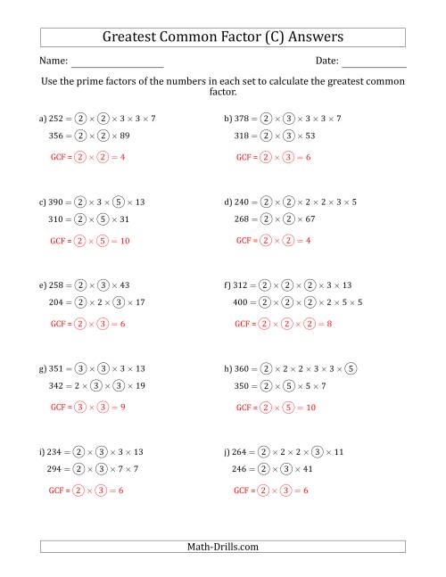 The Calculating Greatest Common Factors of Sets of Two Numbers from 200 to 400 Using Prime Factors (C) Math Worksheet Page 2