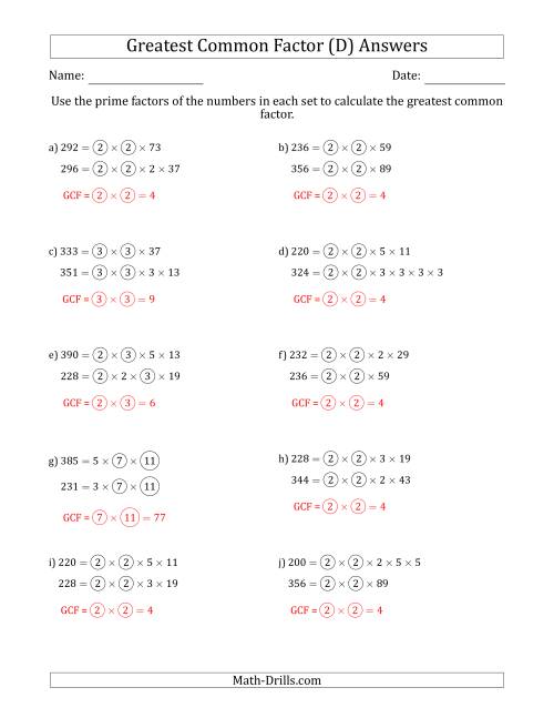 The Calculating Greatest Common Factors of Sets of Two Numbers from 200 to 400 Using Prime Factors (D) Math Worksheet Page 2
