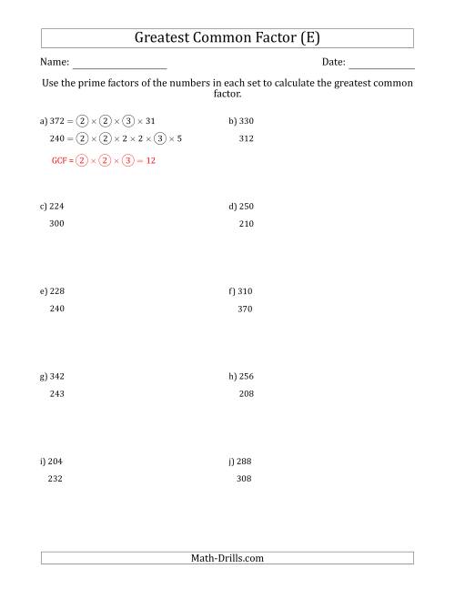 The Calculating Greatest Common Factors of Sets of Two Numbers from 200 to 400 Using Prime Factors (E) Math Worksheet