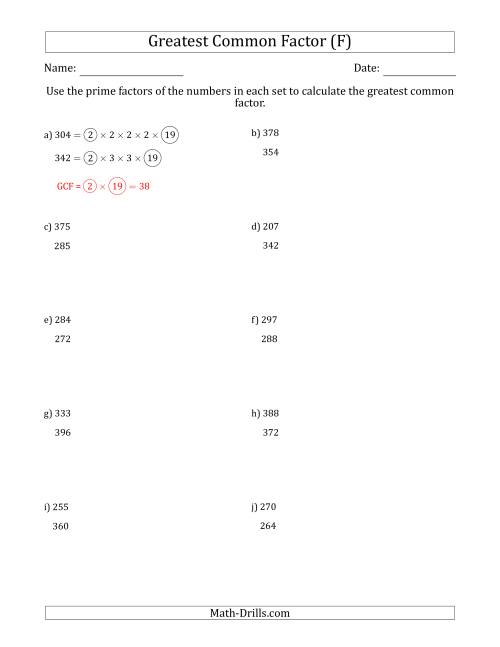 The Calculating Greatest Common Factors of Sets of Two Numbers from 200 to 400 Using Prime Factors (F) Math Worksheet