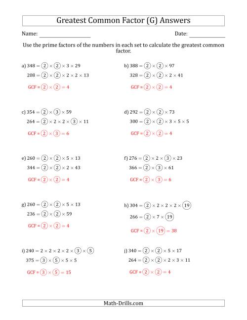 The Calculating Greatest Common Factors of Sets of Two Numbers from 200 to 400 Using Prime Factors (G) Math Worksheet Page 2