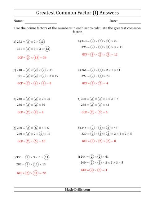 The Calculating Greatest Common Factors of Sets of Two Numbers from 200 to 400 Using Prime Factors (I) Math Worksheet Page 2