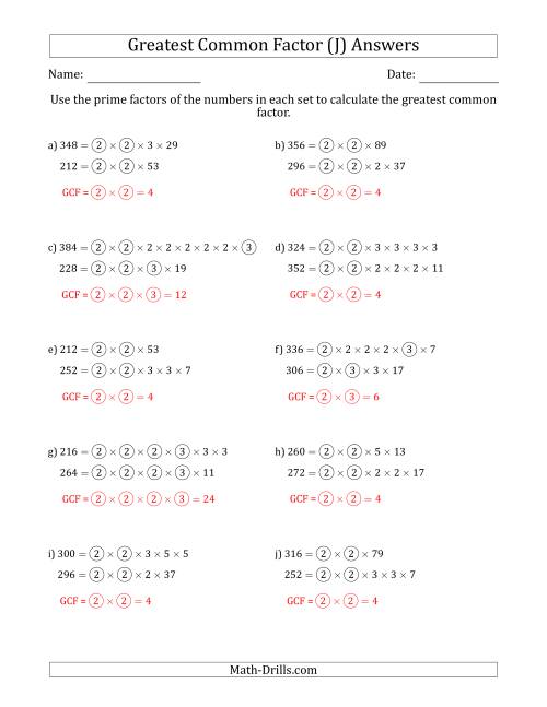 The Calculating Greatest Common Factors of Sets of Two Numbers from 200 to 400 Using Prime Factors (J) Math Worksheet Page 2