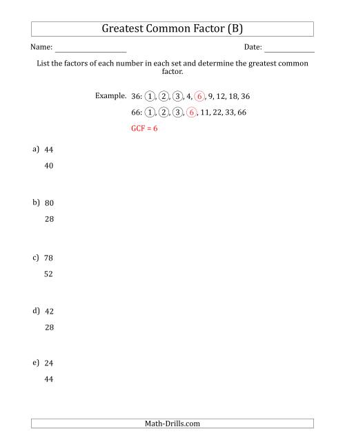 The Determining Greatest Common Factors of Sets of Two Numbers from 4 to 100 (B) Math Worksheet