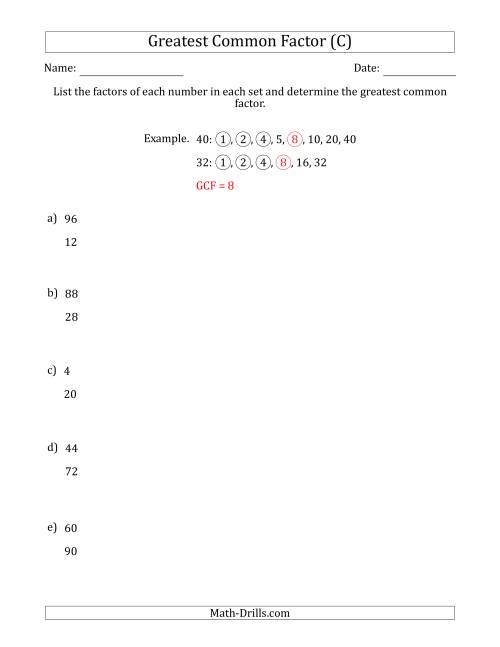 The Determining Greatest Common Factors of Sets of Two Numbers from 4 to 100 (C) Math Worksheet
