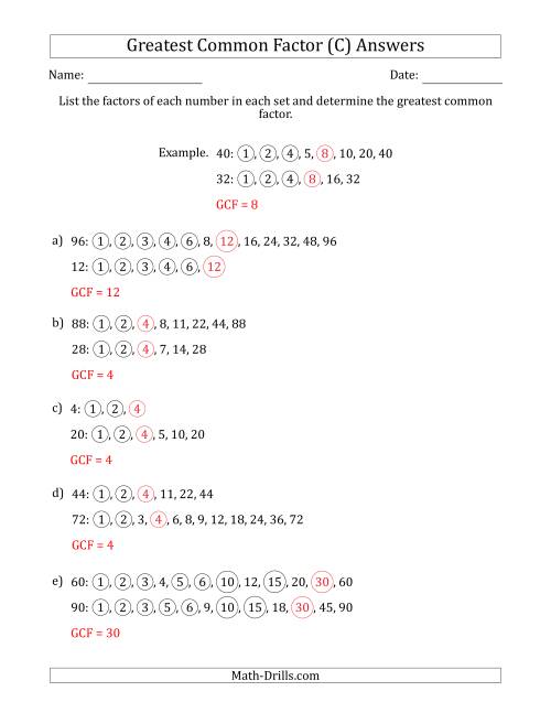 The Determining Greatest Common Factors of Sets of Two Numbers from 4 to 100 (C) Math Worksheet Page 2