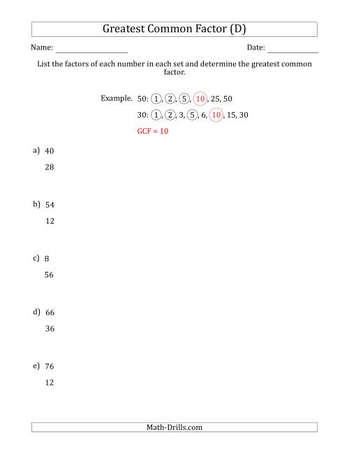 The Determining Greatest Common Factors of Sets of Two Numbers from 4 to 100 (D) Math Worksheet