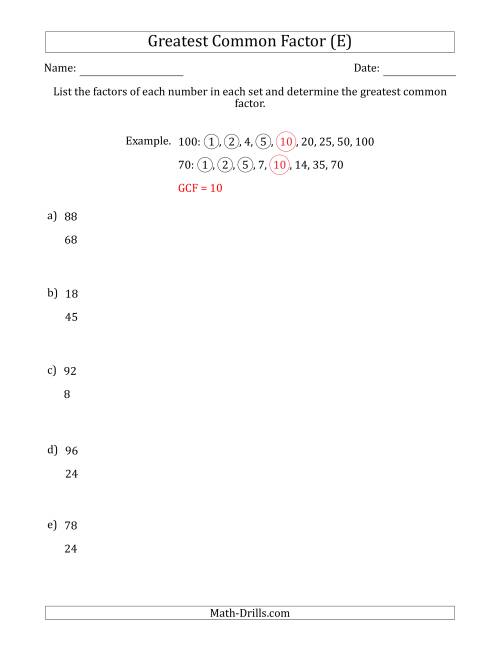 The Determining Greatest Common Factors of Sets of Two Numbers from 4 to 100 (E) Math Worksheet