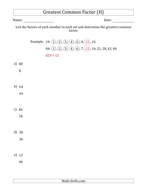 The Determining Greatest Common Factors of Sets of Two Numbers from 4 to 100 (H) Math Worksheet