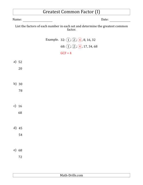 The Determining Greatest Common Factors of Sets of Two Numbers from 4 to 100 (I) Math Worksheet