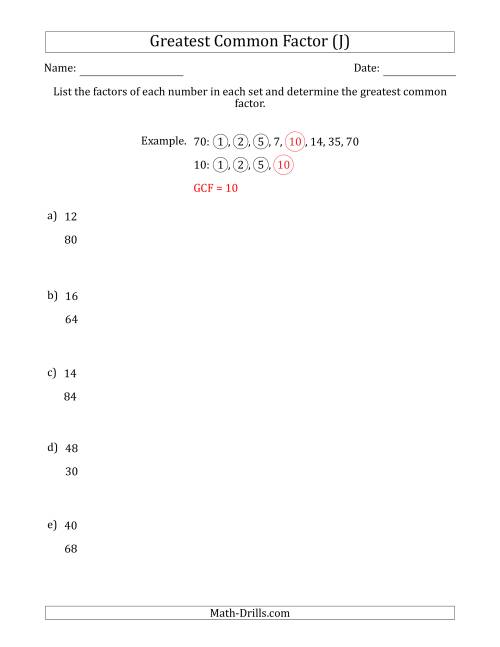 The Determining Greatest Common Factors of Sets of Two Numbers from 4 to 100 (J) Math Worksheet