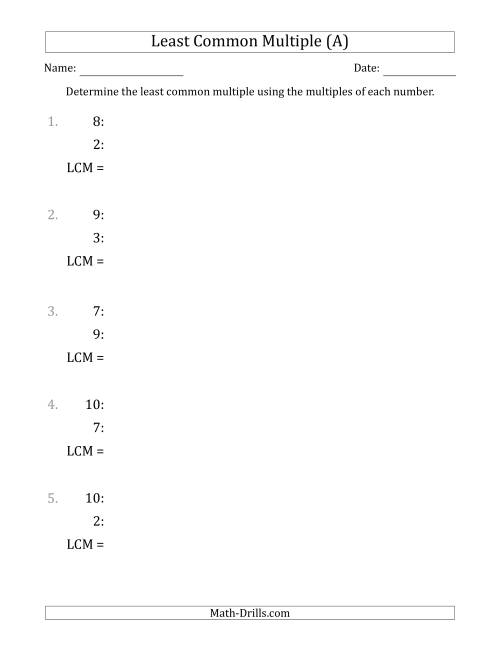 The Least Common Multiple from Multiples of Numbers to 10 (A) Math Worksheet