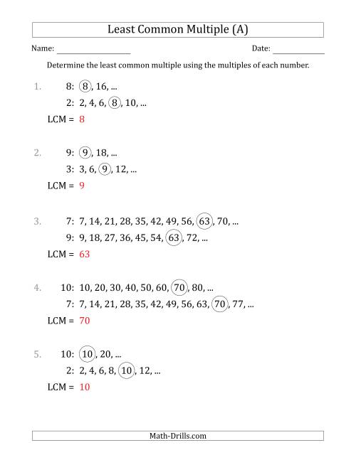 The Least Common Multiple from Multiples of Numbers to 10 (A) Math Worksheet Page 2