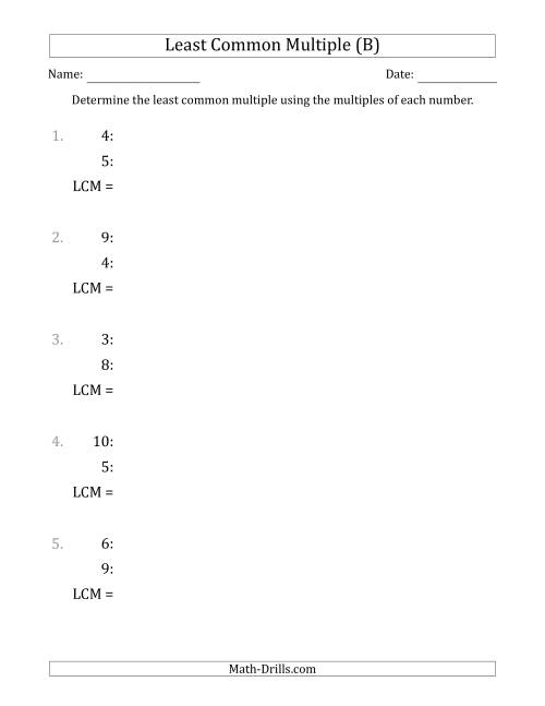 The Least Common Multiple from Multiples of Numbers to 10 (B) Math Worksheet