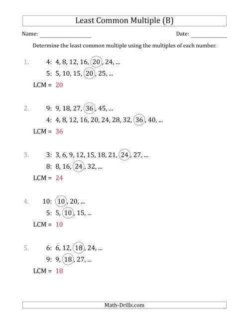 The Least Common Multiple from Multiples of Numbers to 10 (B) Math Worksheet Page 2