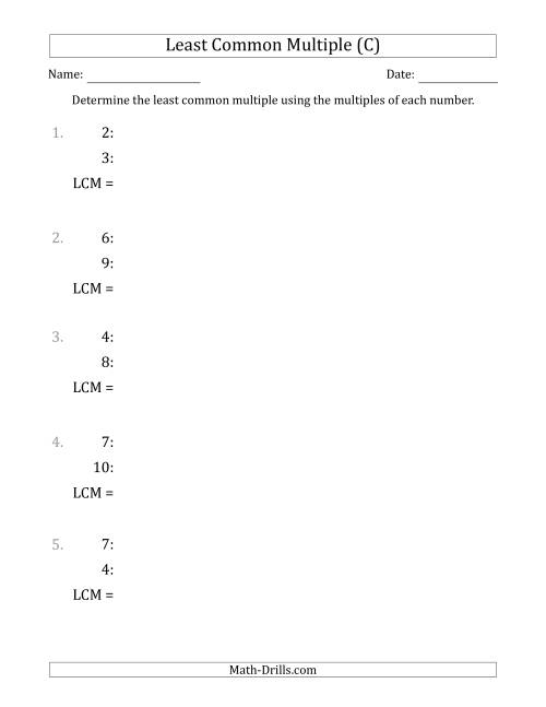 The Least Common Multiple from Multiples of Numbers to 10 (C) Math Worksheet