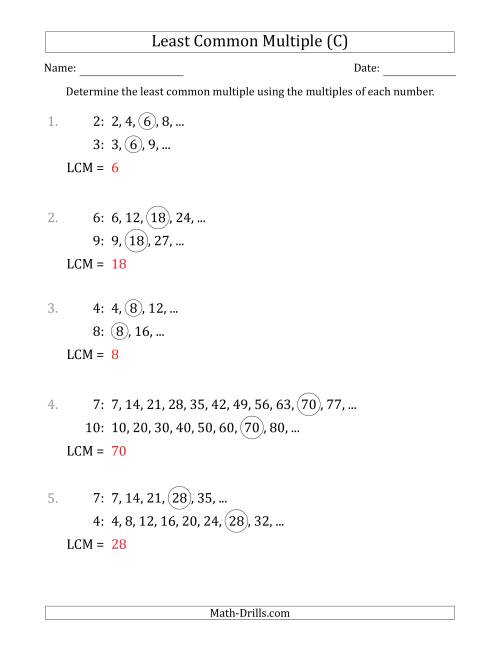 The Least Common Multiple from Multiples of Numbers to 10 (C) Math Worksheet Page 2