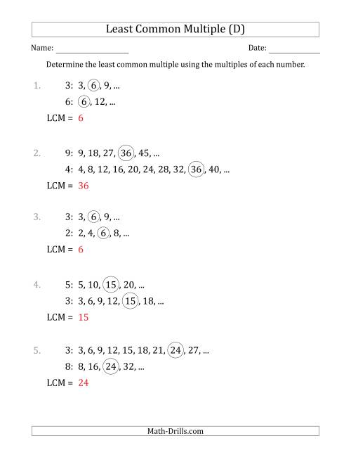 The Least Common Multiple from Multiples of Numbers to 10 (D) Math Worksheet Page 2
