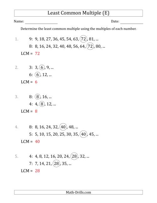 The Least Common Multiple from Multiples of Numbers to 10 (E) Math Worksheet Page 2