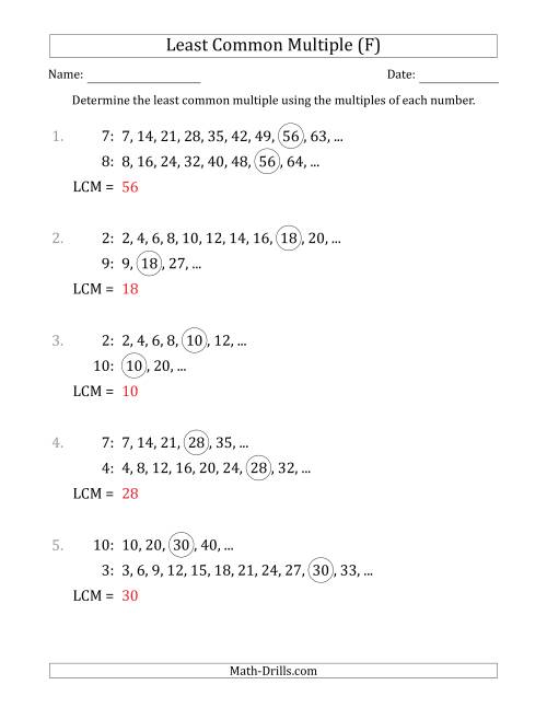 The Least Common Multiple from Multiples of Numbers to 10 (F) Math Worksheet Page 2