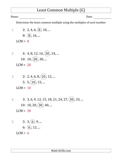 The Least Common Multiple from Multiples of Numbers to 10 (G) Math Worksheet Page 2