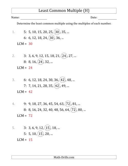 The Least Common Multiple from Multiples of Numbers to 10 (H) Math Worksheet Page 2