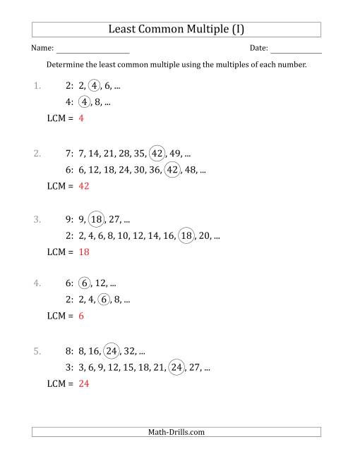 The Least Common Multiple from Multiples of Numbers to 10 (I) Math Worksheet Page 2