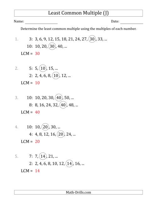 The Least Common Multiple from Multiples of Numbers to 10 (J) Math Worksheet Page 2