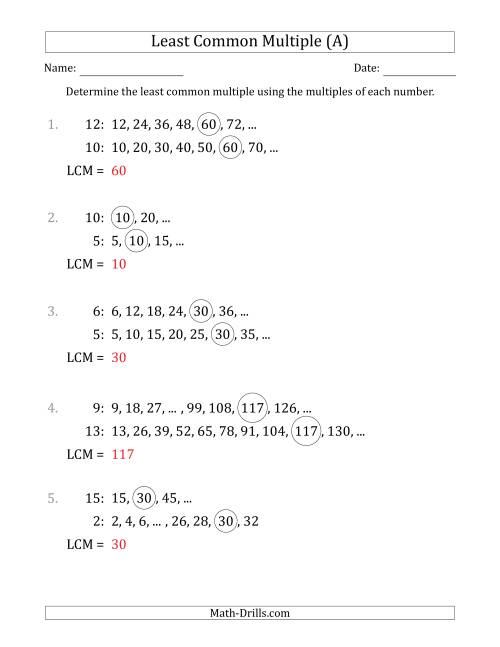 The Least Common Multiple from Multiples of Numbers to 15 (A) Math Worksheet Page 2