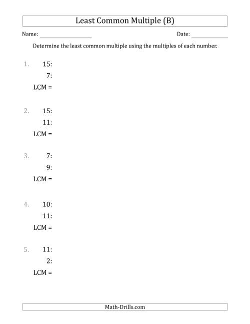 The Least Common Multiple from Multiples of Numbers to 15 (B) Math Worksheet