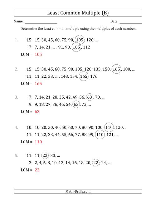 The Least Common Multiple from Multiples of Numbers to 15 (B) Math Worksheet Page 2