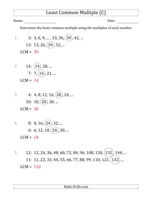 The Least Common Multiple from Multiples of Numbers to 15 (C) Math Worksheet Page 2