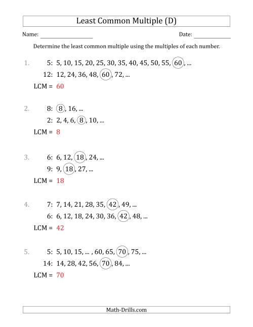 The Least Common Multiple from Multiples of Numbers to 15 (D) Math Worksheet Page 2