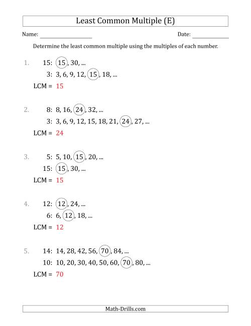 The Least Common Multiple from Multiples of Numbers to 15 (E) Math Worksheet Page 2
