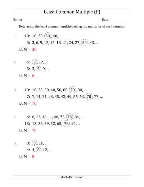 The Least Common Multiple from Multiples of Numbers to 15 (F) Math Worksheet Page 2