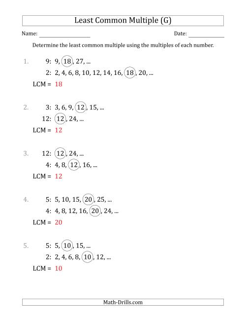 The Least Common Multiple from Multiples of Numbers to 15 (G) Math Worksheet Page 2