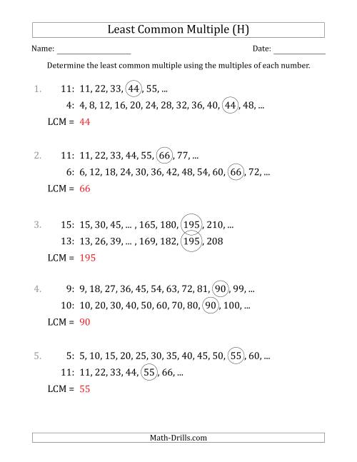 The Least Common Multiple from Multiples of Numbers to 15 (H) Math Worksheet Page 2