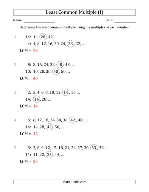 The Least Common Multiple from Multiples of Numbers to 15 (I) Math Worksheet Page 2