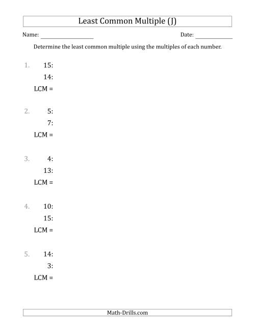 The Least Common Multiple from Multiples of Numbers to 15 (J) Math Worksheet
