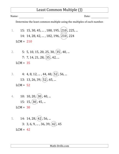 The Least Common Multiple from Multiples of Numbers to 15 (J) Math Worksheet Page 2