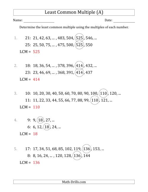 The Least Common Multiple from Multiples of Numbers to 25 (A) Math Worksheet Page 2