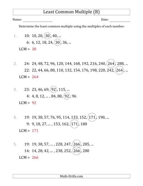 The Least Common Multiple from Multiples of Numbers to 25 (B) Math Worksheet Page 2