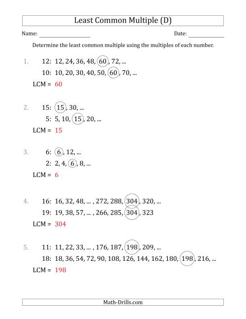 The Least Common Multiple from Multiples of Numbers to 25 (D) Math Worksheet Page 2