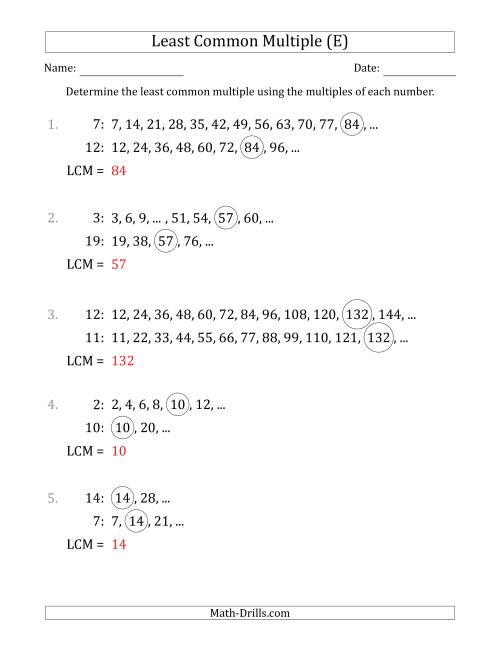 The Least Common Multiple from Multiples of Numbers to 25 (E) Math Worksheet Page 2