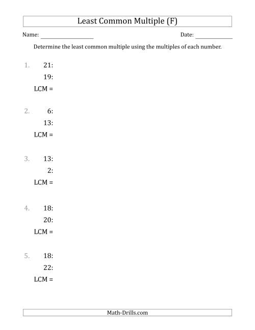 The Least Common Multiple from Multiples of Numbers to 25 (F) Math Worksheet
